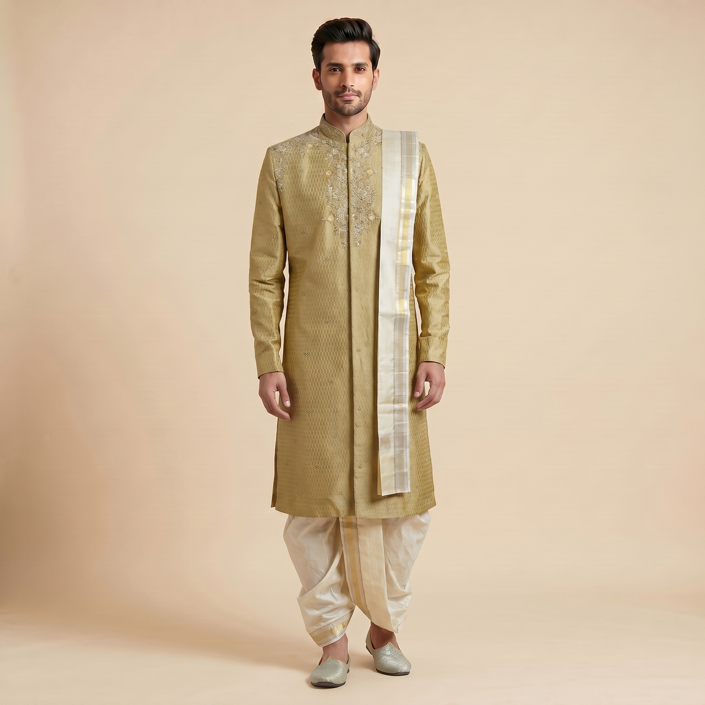 Dark Yellow Sherwani with Dhoti Set