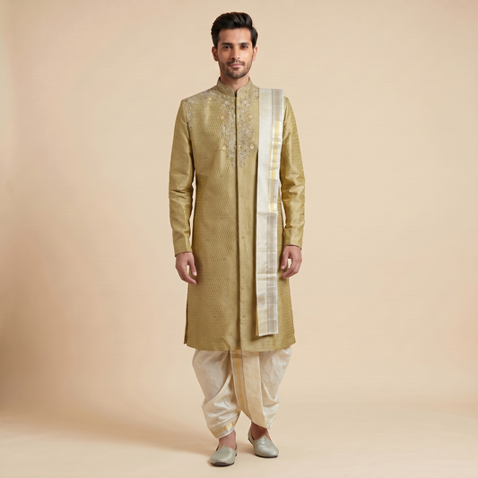 Dark Yellow Sherwani with Dhoti Set