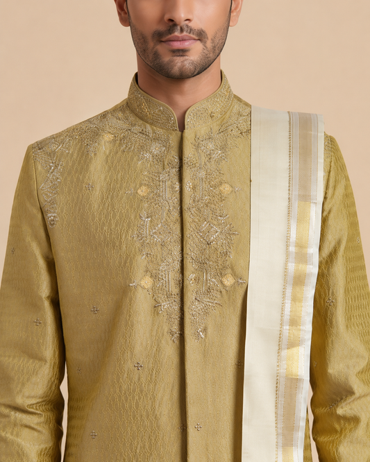 Dark Yellow Sherwani with Dhoti Set