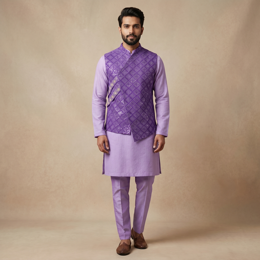 Deep Purple Jacket Kurta Set